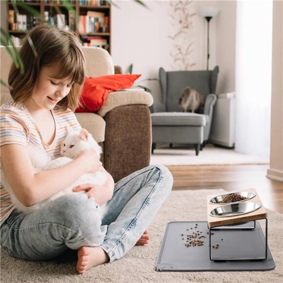 Upgraded Elevated Cat Bowls with Food Mat,15°Tilted Stand Anti Vomiting Raised - Picture 7 of 8